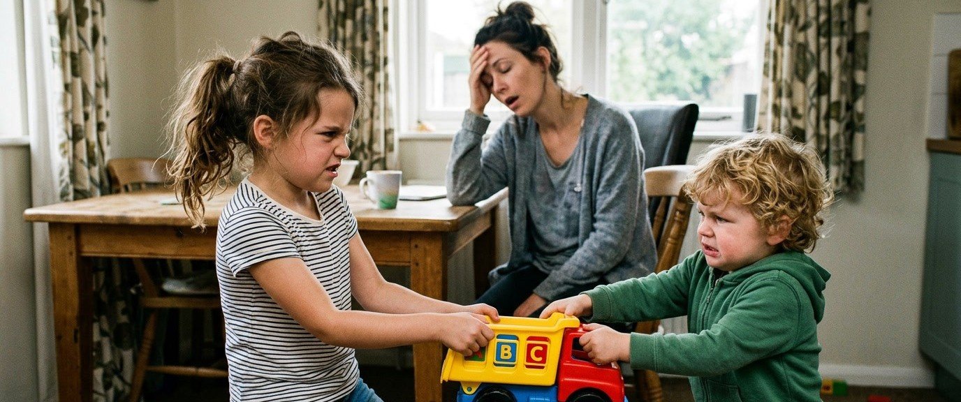 Two_young_siblings_their_faces_twisted_in_frustration_tug_at_a_brightly_colored